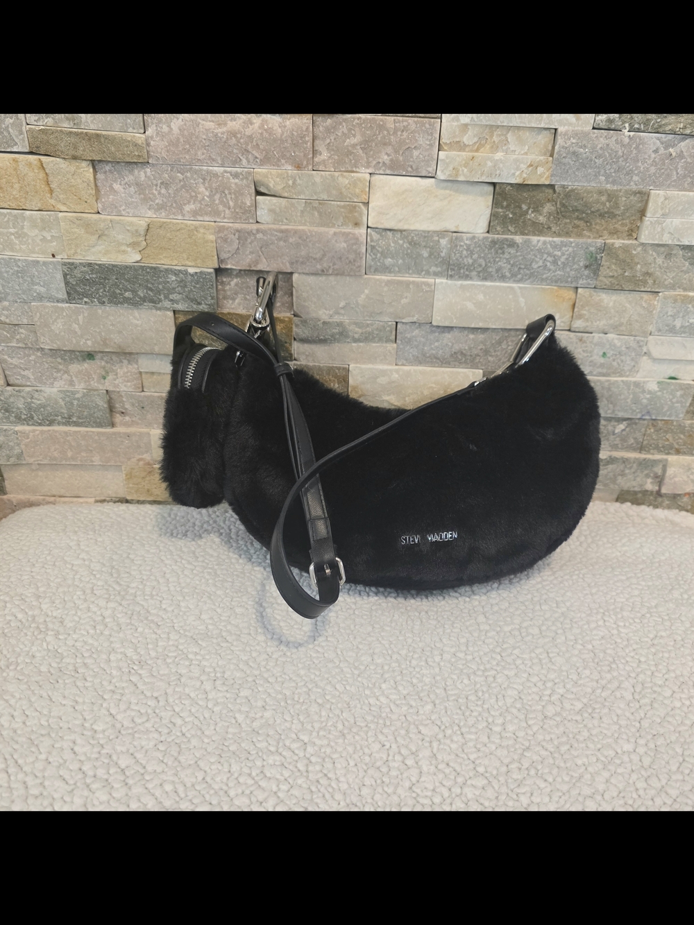Steve Madden Black Faux Fur Crescent Shoulder Bag
